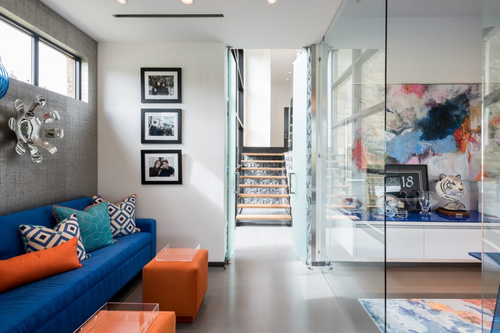 Glass office decorated with sports memorabilia