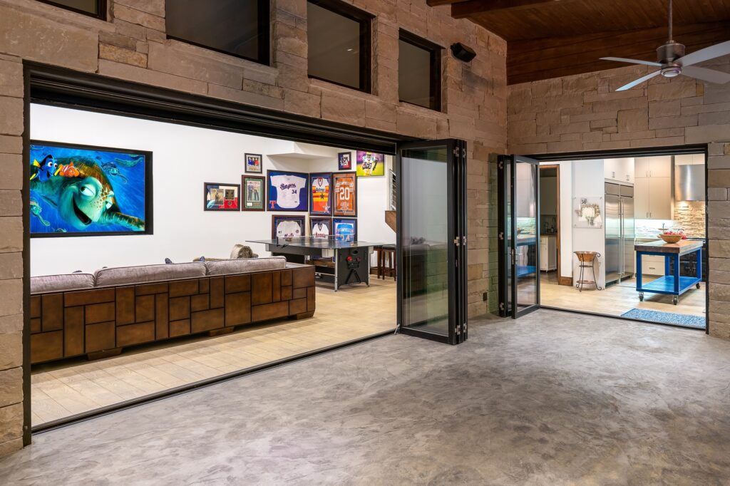 Living room and kitchen with sliding doors to the patio