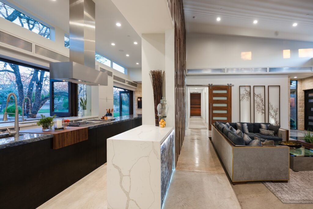 Large modern kitchen with granite countertops