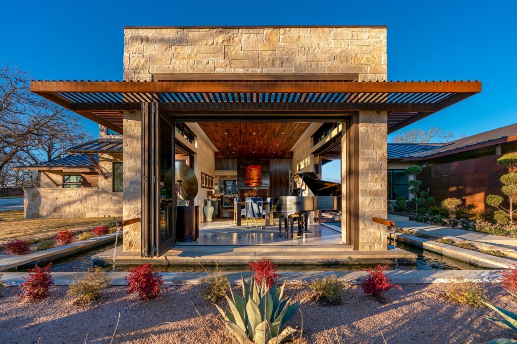 Covered patio with sliding glass doors