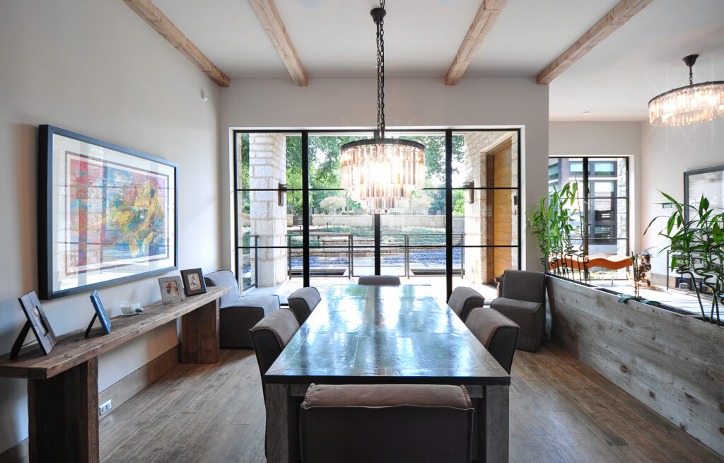 Dining room with floor to ceiling windows