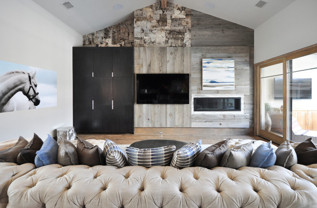 Living room with TV and fireplace