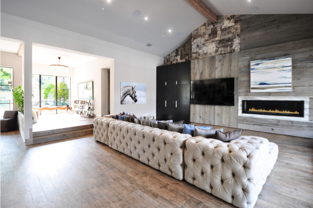 Living room with large fire place